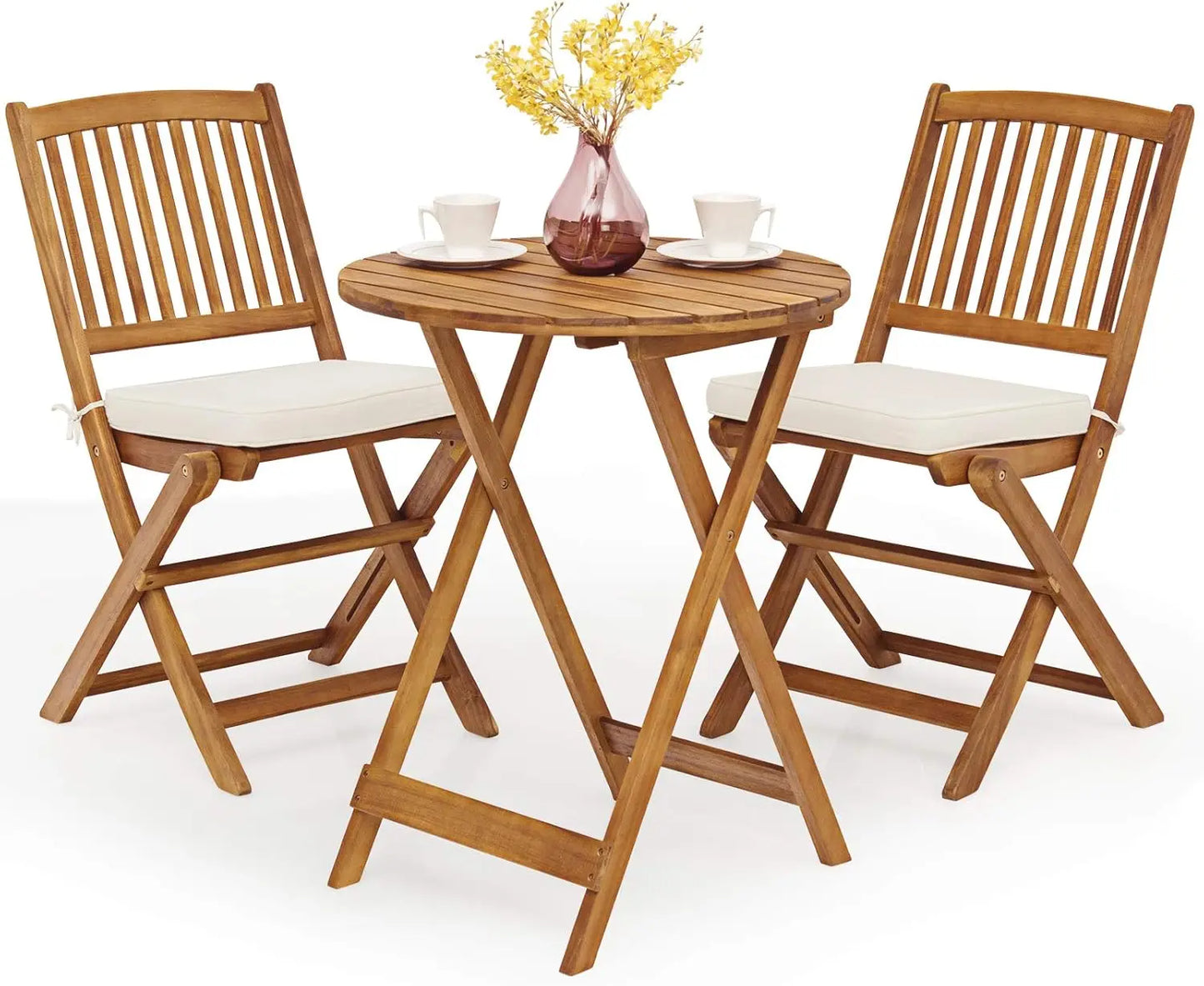 3 Piece Acacia Wood Patio Folding Bistro Set With Cushions