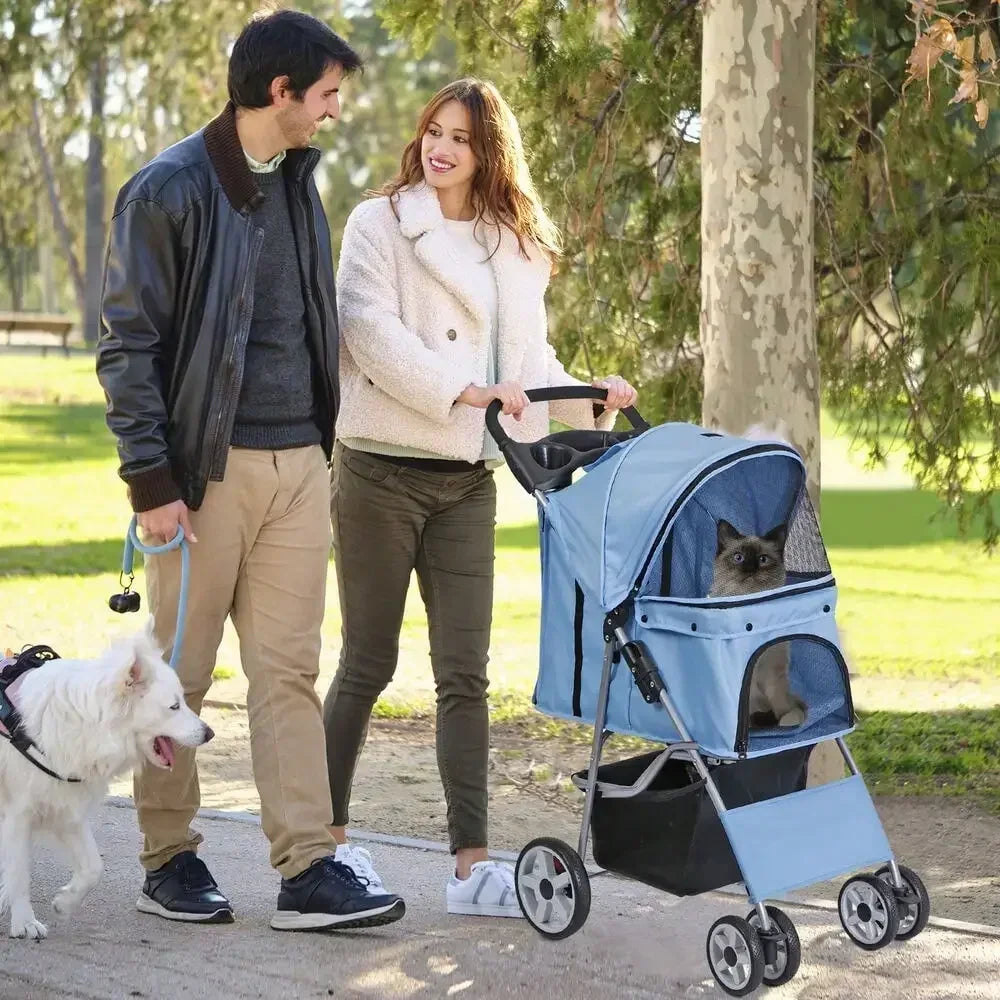 Blue 4 Wheel Pet Stroller for Cat Dog Foldable Carrier