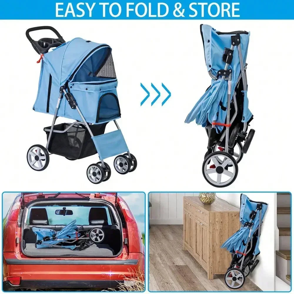 Blue 4 Wheel Pet Stroller for Cat Dog Foldable Carrier