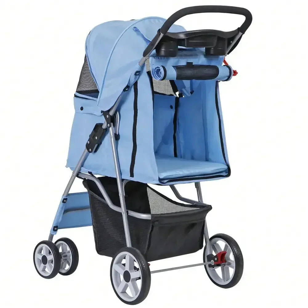 Blue 4 Wheel Pet Stroller for Cat Dog Foldable Carrier