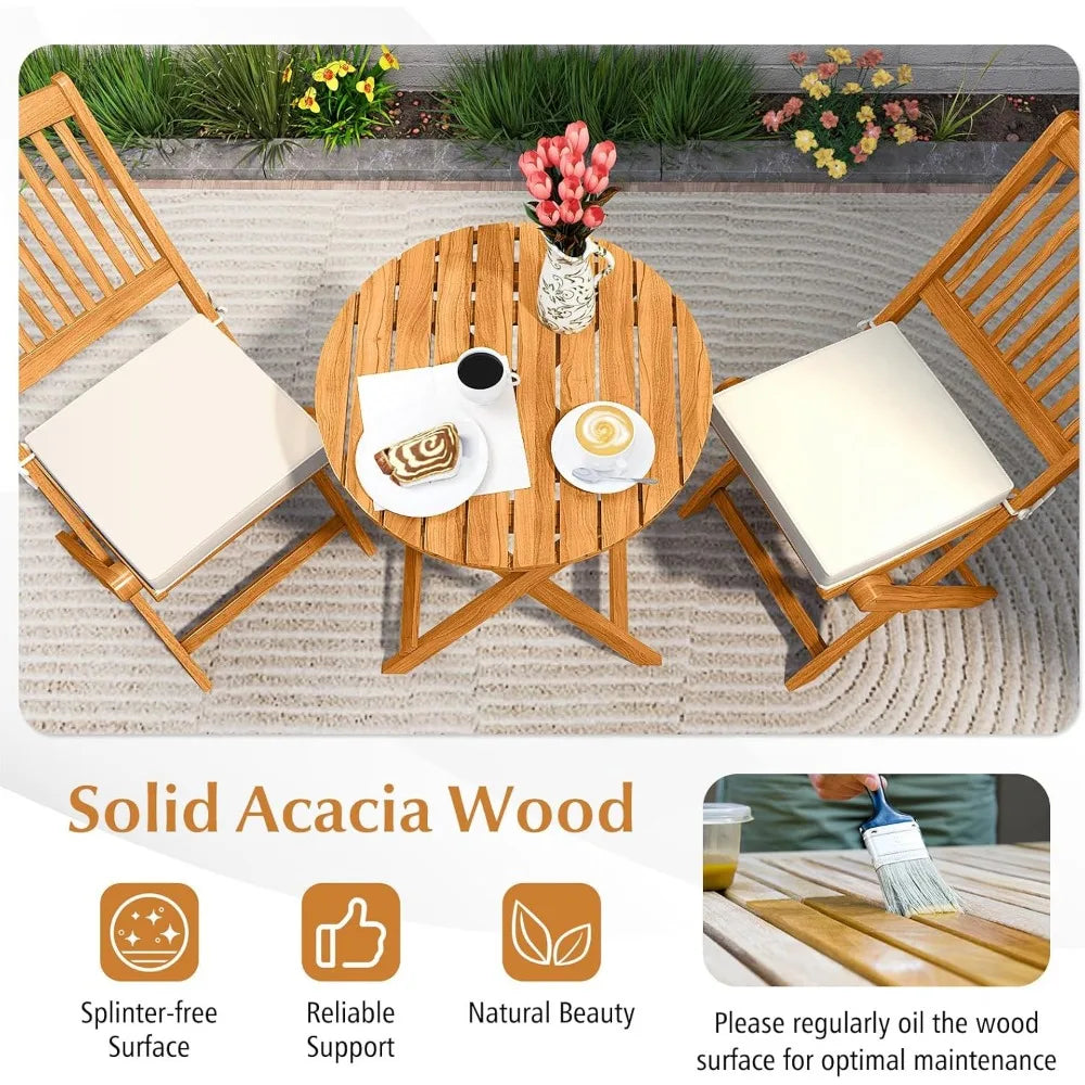 3 Piece Acacia Wood Patio Folding Bistro Set With Cushions