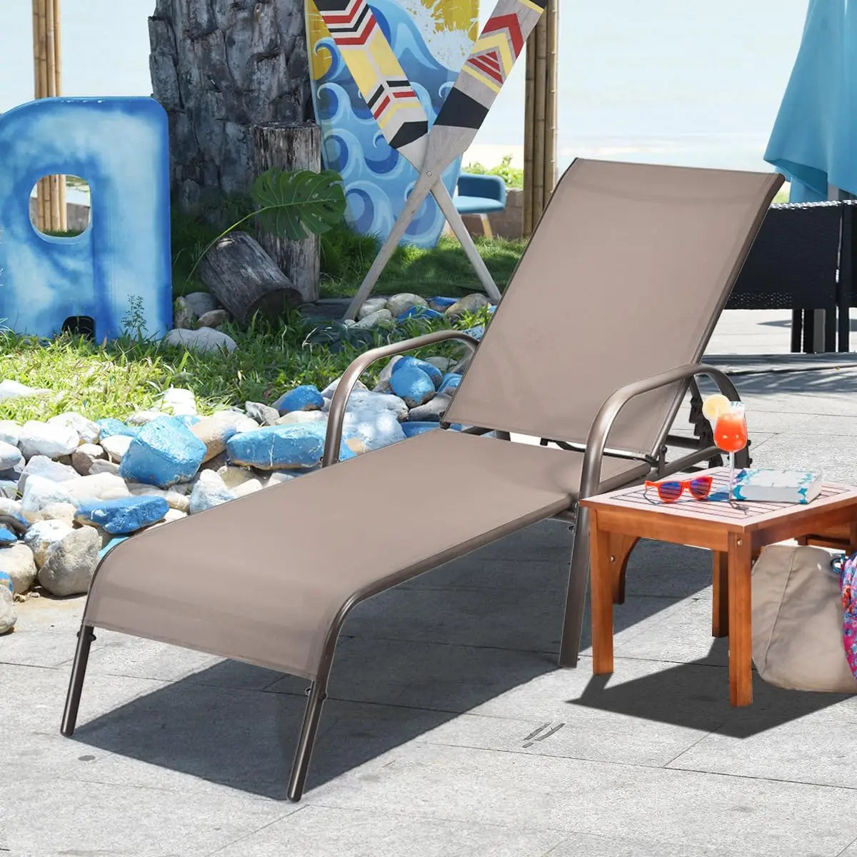 Patio Lounge Chair Outdoor Chaise 5 Adjustable Backrest
