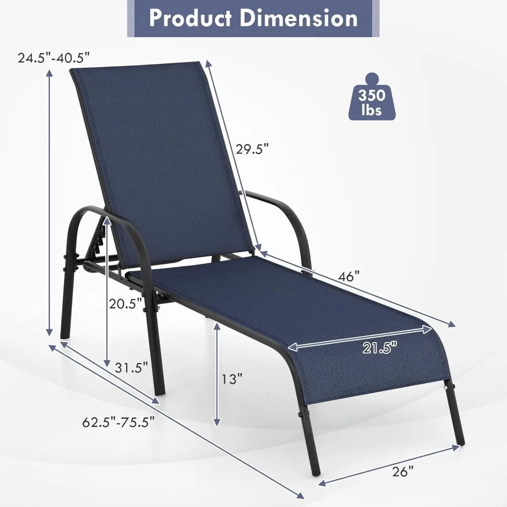 Patio Lounge Chair Outdoor Chaise 5 Adjustable Backrest