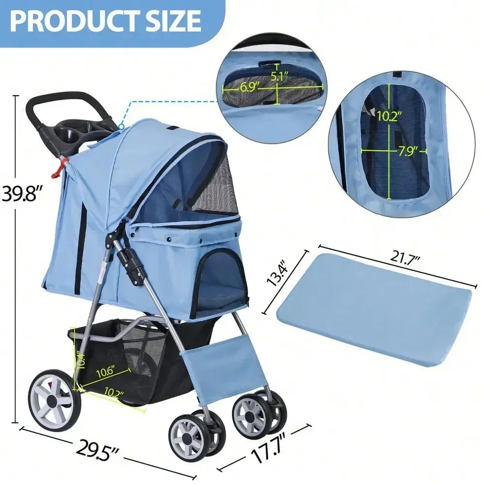 Blue 4 Wheel Pet Stroller for Cat Dog Foldable Carrier