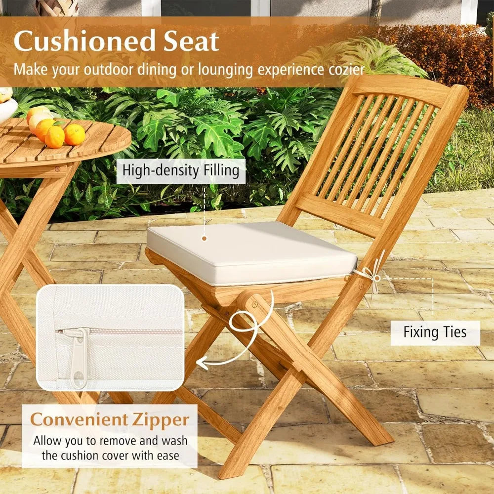 3 Piece Acacia Wood Patio Folding Bistro Set With Cushions