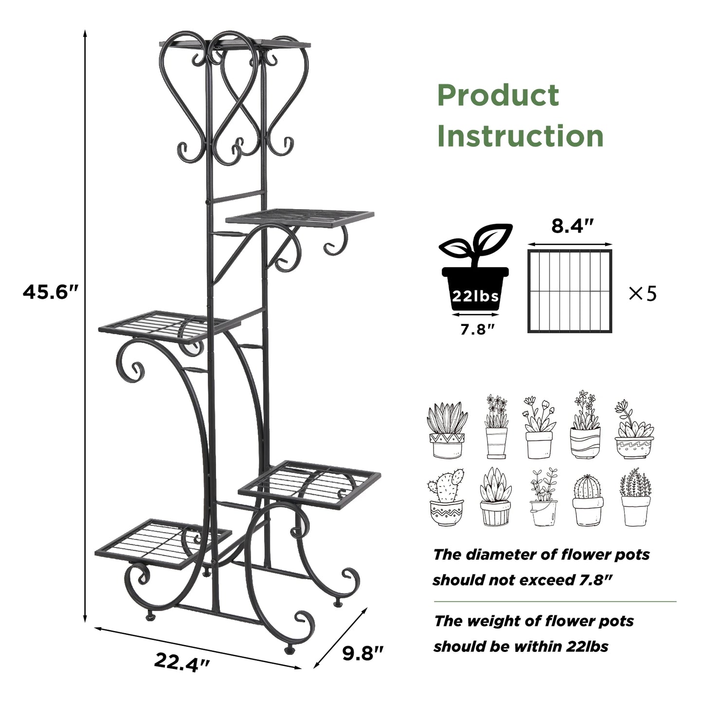 Wisfor Five Tier Metal Plant Shelf Display Rack Stand
