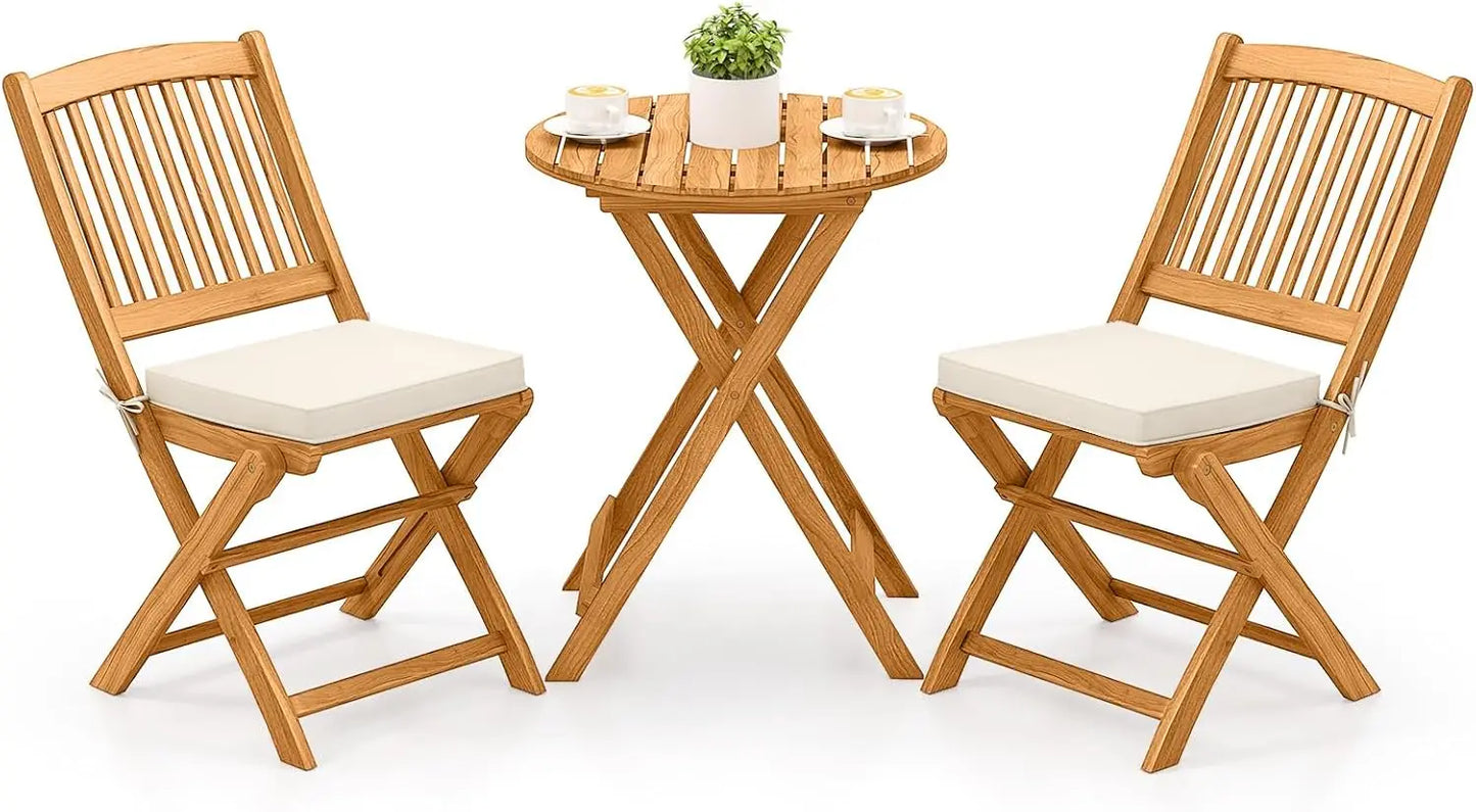 3 Piece Acacia Wood Patio Folding Bistro Set With Cushions