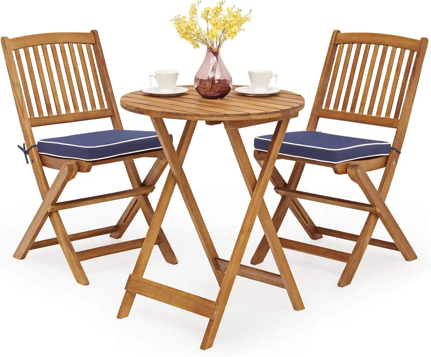 3 Piece Acacia Wood Patio Folding Bistro Set With Cushions