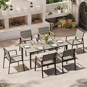Patio Dining Set For 6 With Umbrella Hole 7 Piece Gray Teak