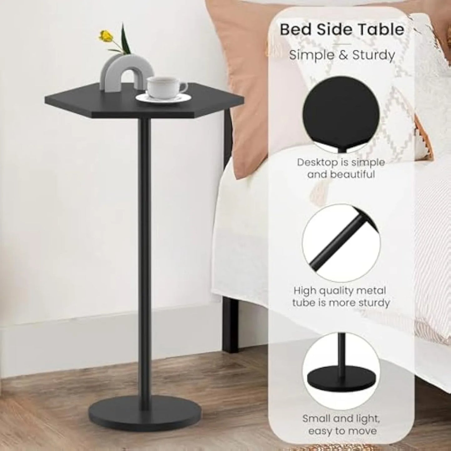 Two Piece Black Hexagon Pedestal Coffee End Tables 24.4