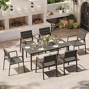 Patio Dining Set For 6 With Umbrella Hole 7 Piece Gray Teak