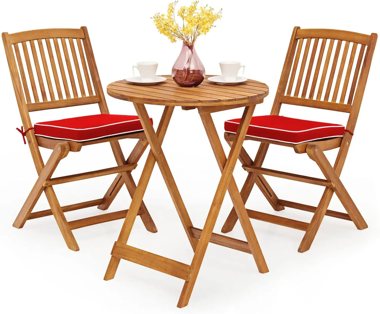 3 Piece Acacia Wood Patio Folding Bistro Set With Cushions