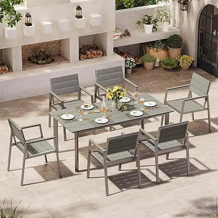 Patio Dining Set For 6 With Umbrella Hole 7 Piece Gray Teak