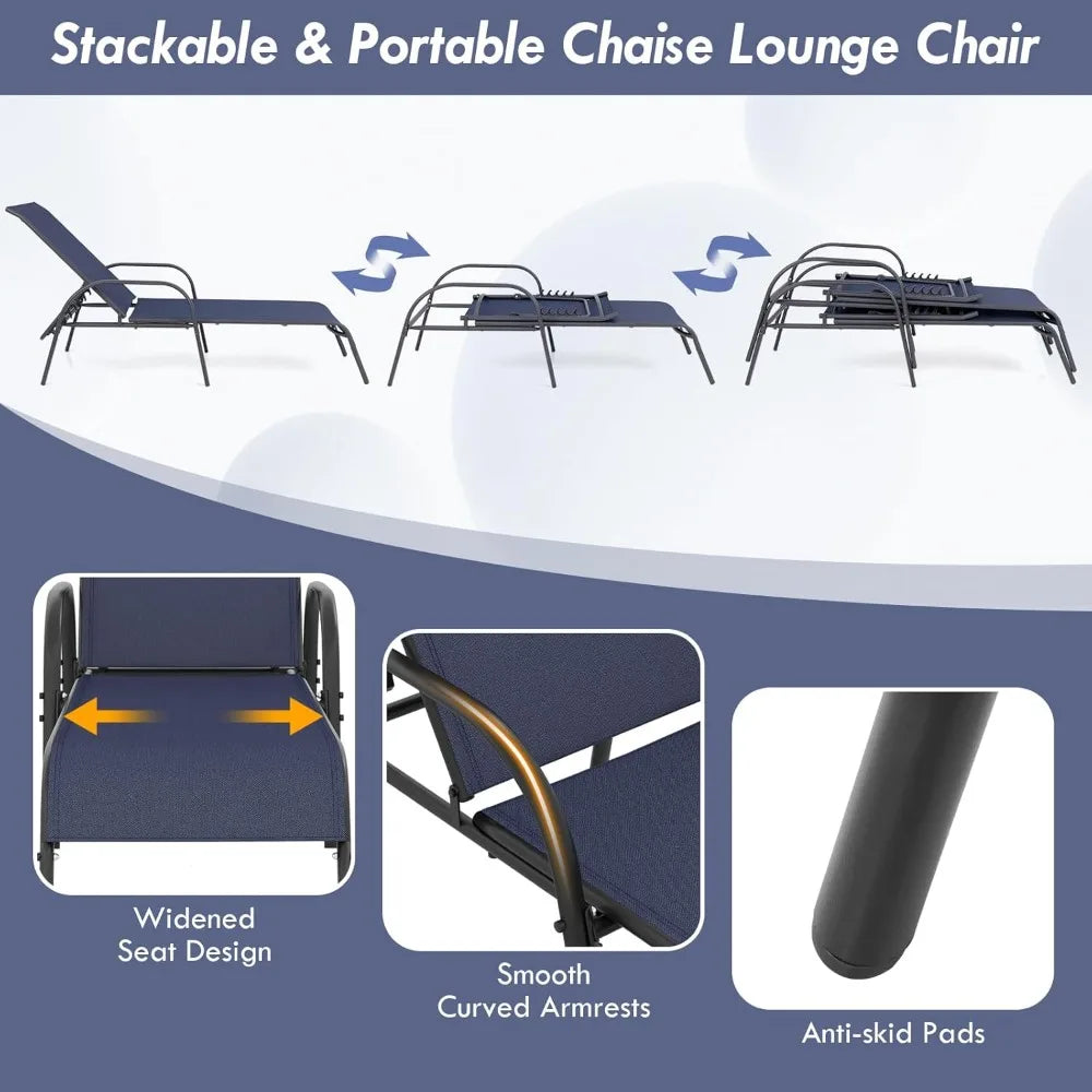 Patio Lounge Chair Outdoor Chaise 5 Adjustable Backrest
