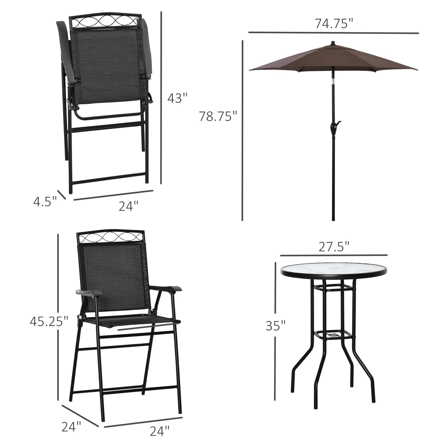 Patio Dining Set With Table Umbrella Folding Chairs Black