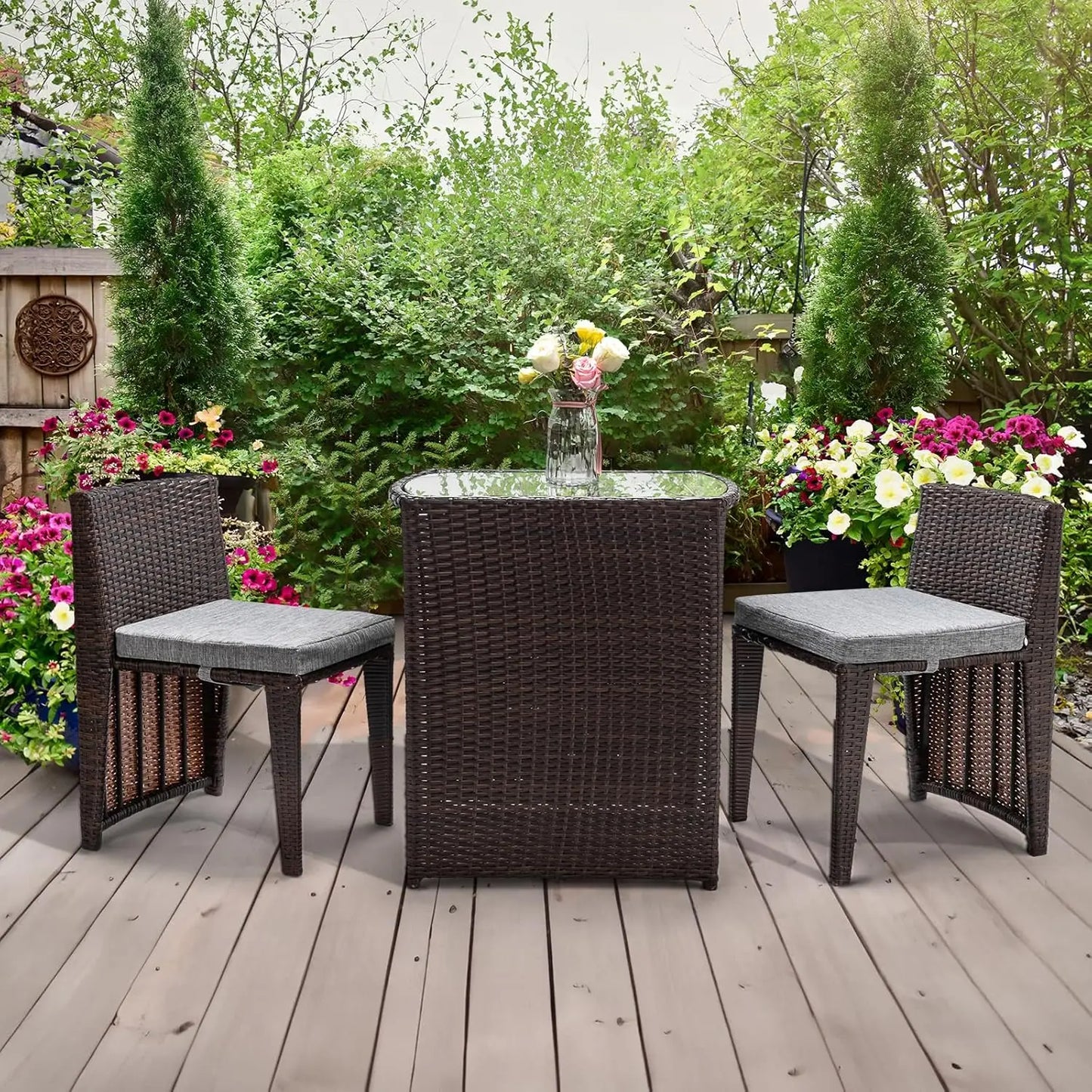 3 Piece Wicker Outdoor Patio Bistro Set With Glass Table