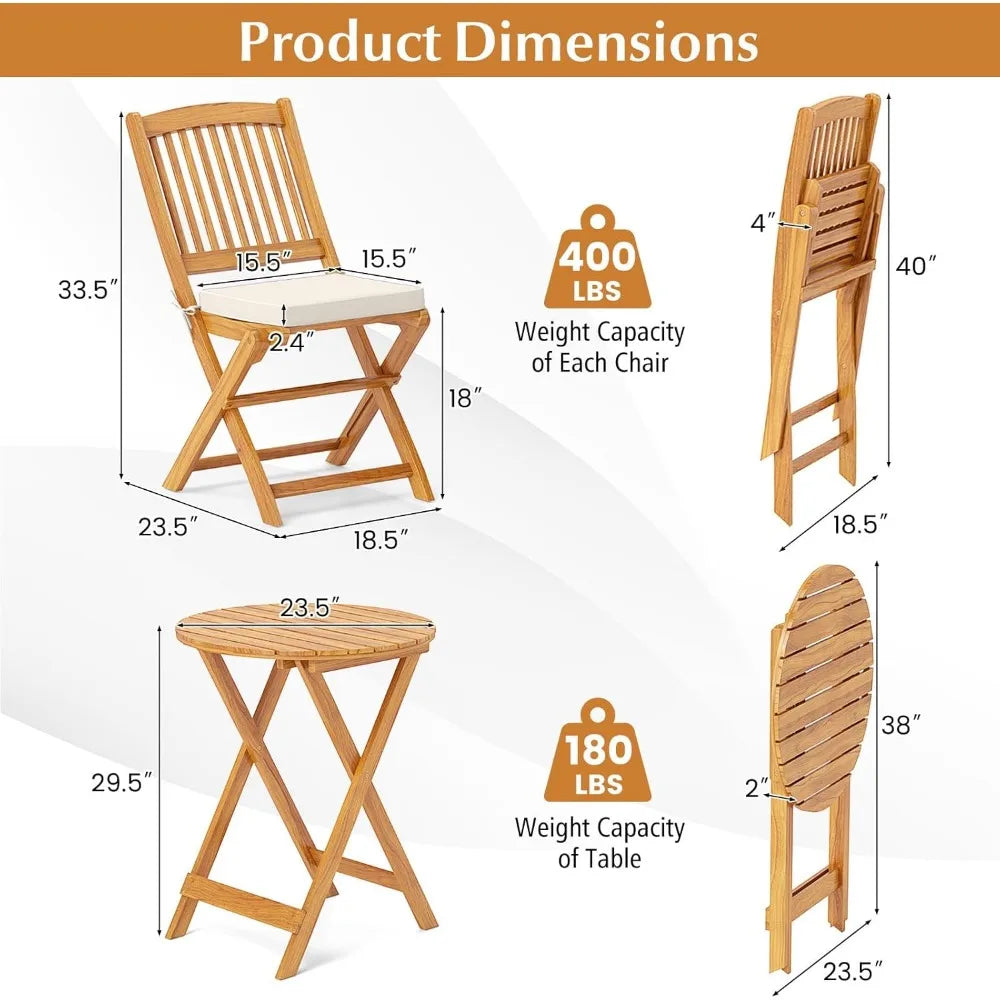 3 Piece Acacia Wood Patio Folding Bistro Set With Cushions