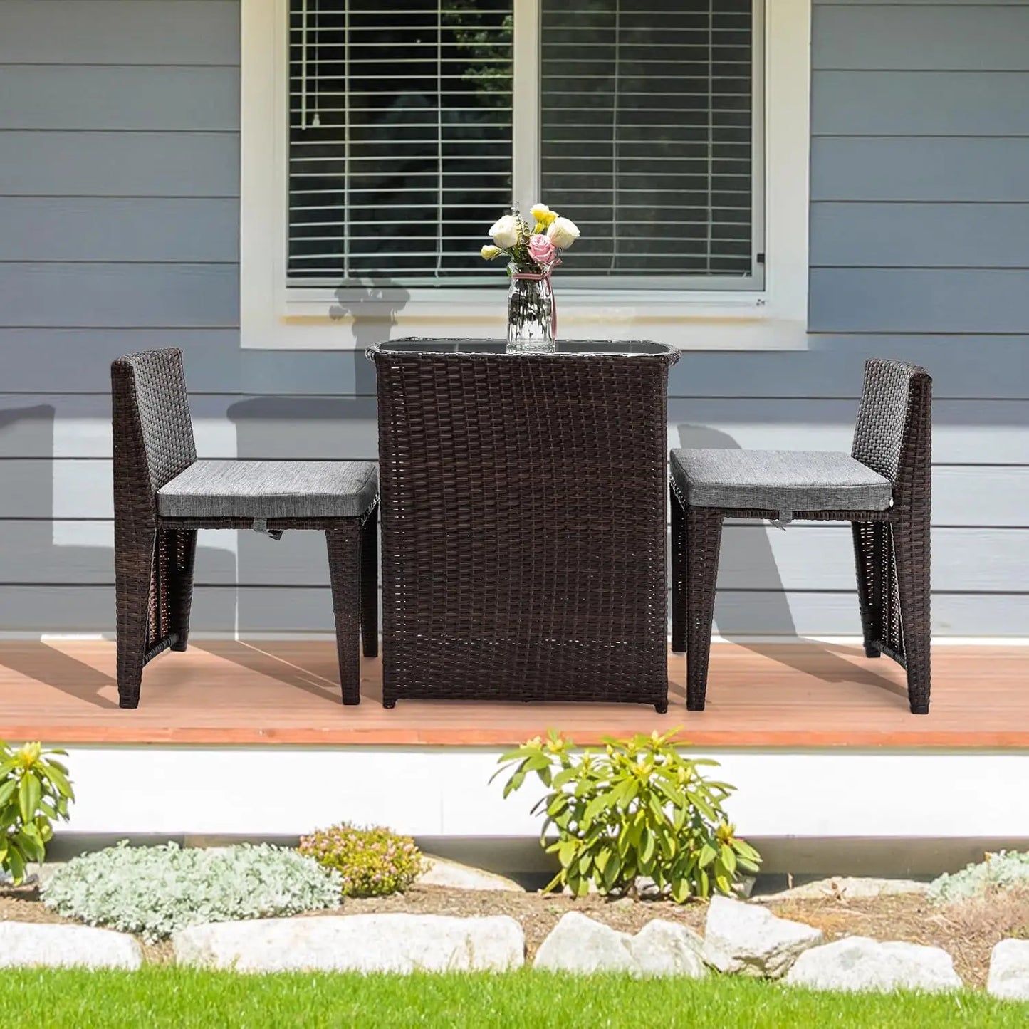 3 Piece Wicker Outdoor Patio Bistro Set With Glass Table
