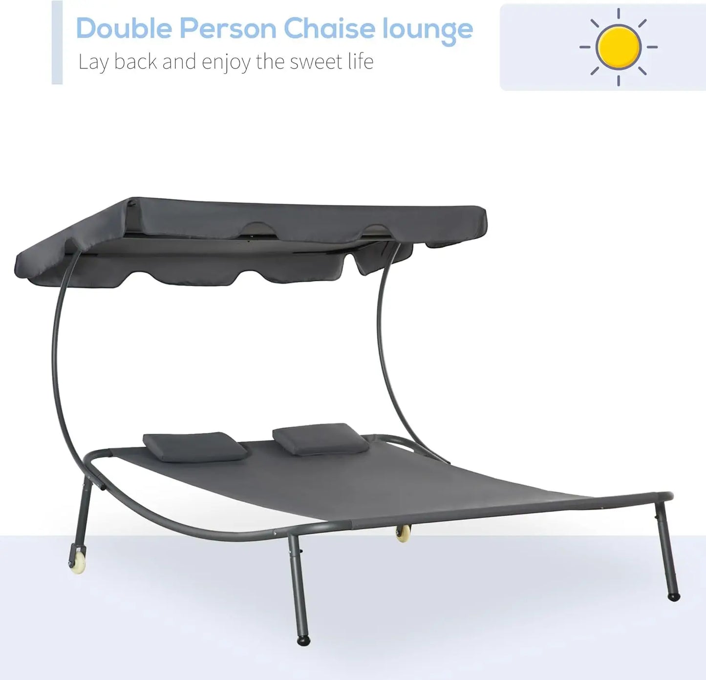 Patio Double Chaise Lounge Chair With Canopy And Pillow
