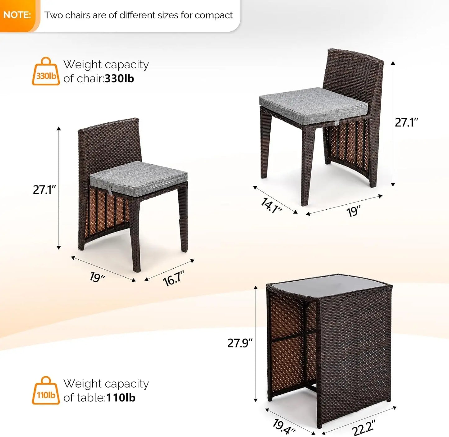 3 Piece Wicker Outdoor Patio Bistro Set With Glass Table