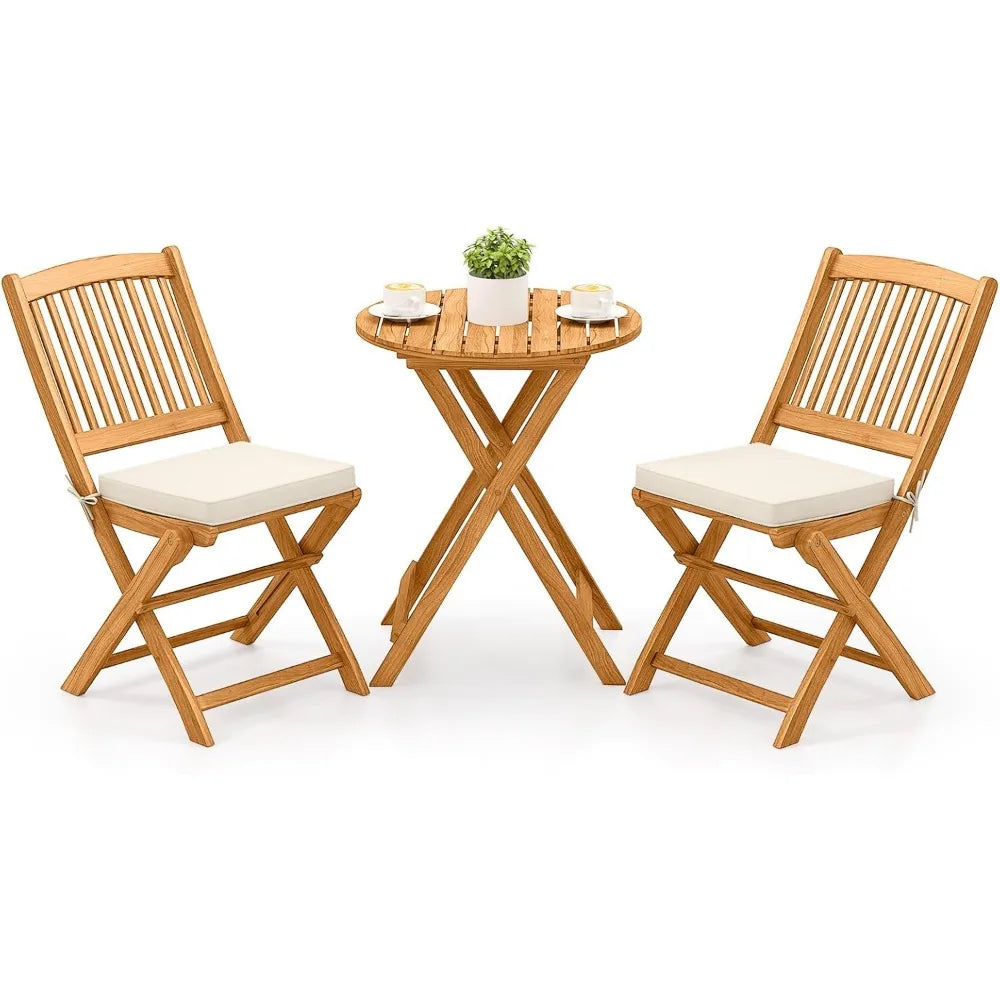 3 Piece Acacia Wood Patio Folding Bistro Set With Cushions