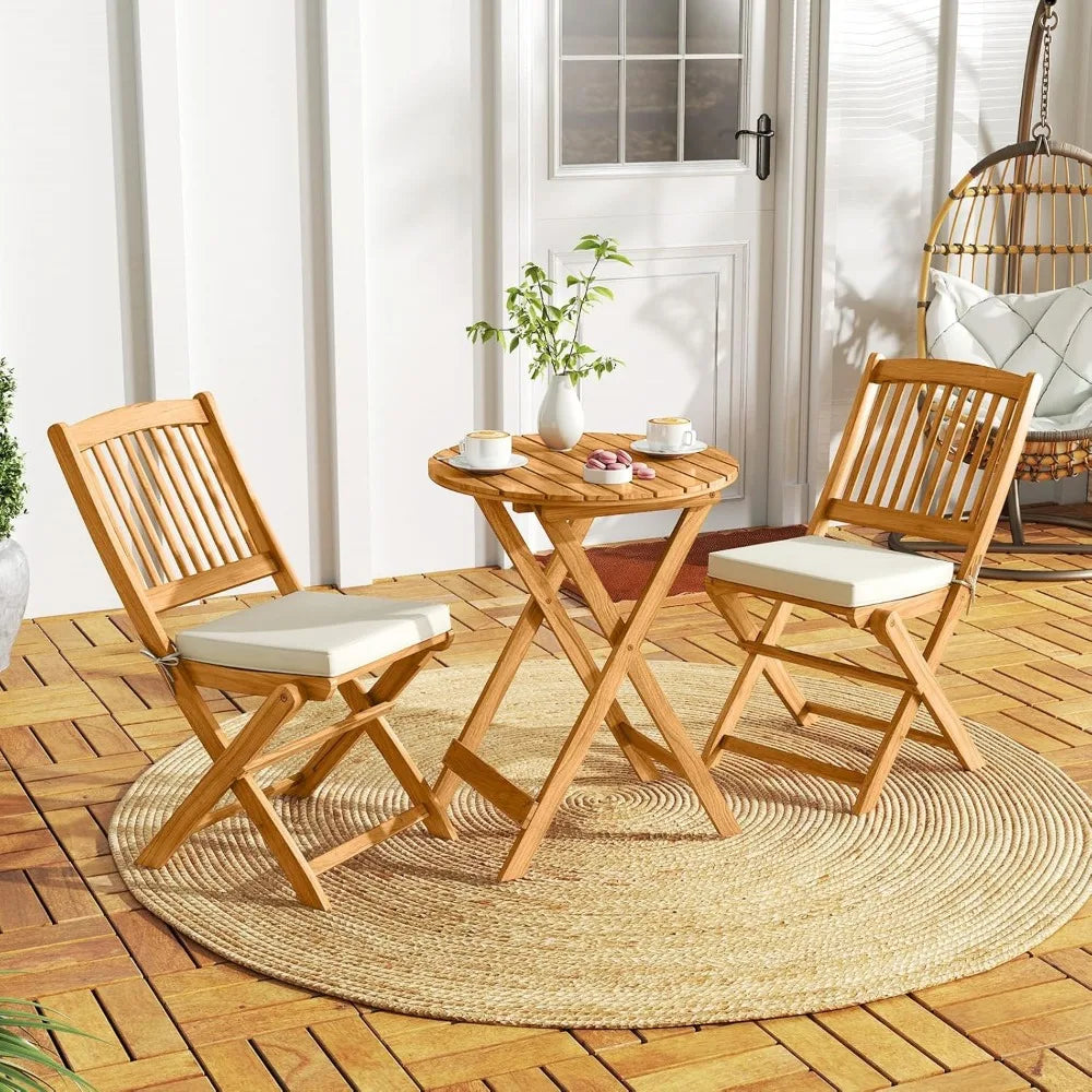 3 Piece Acacia Wood Patio Folding Bistro Set With Cushions
