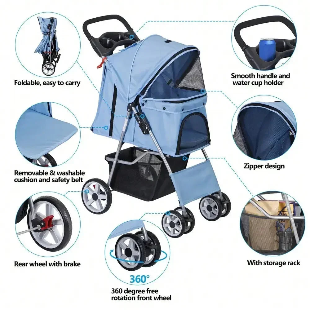 Blue 4 Wheel Pet Stroller for Cat Dog Foldable Carrier