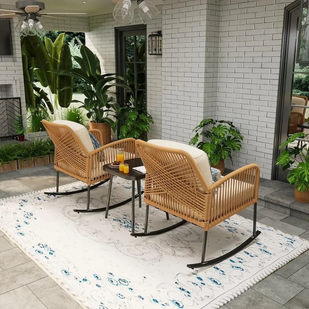 Boho Patio Rocking Chairs Set Of 2 With Coffee Table