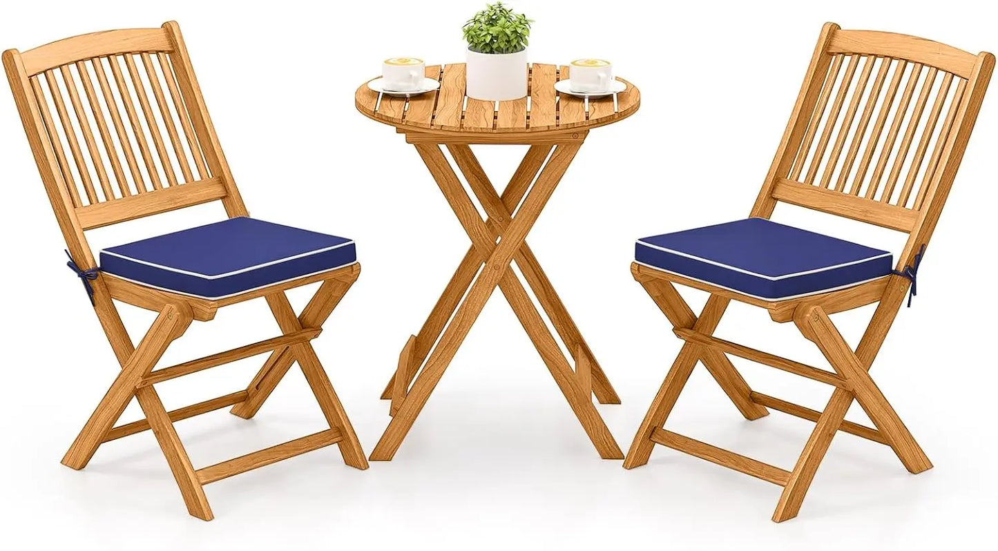 3 Piece Acacia Wood Patio Folding Bistro Set With Cushions
