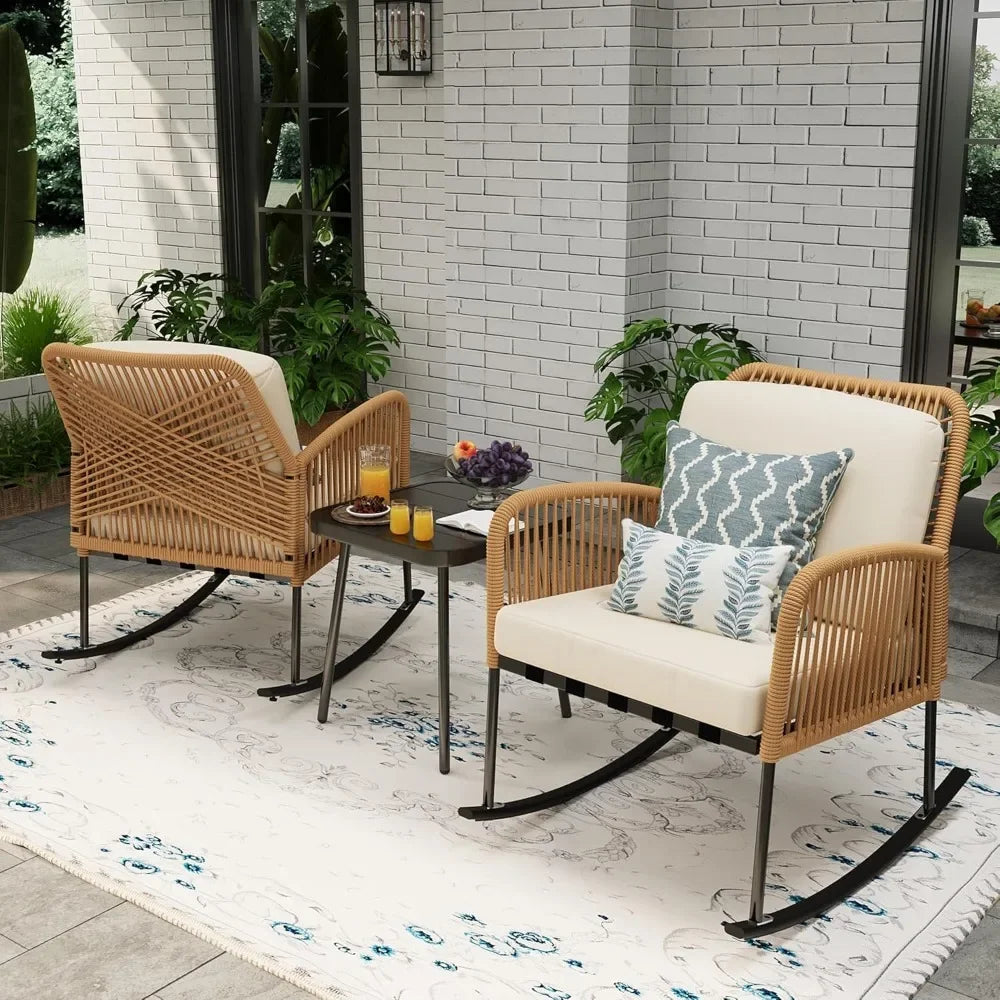 Boho Patio Rocking Chairs Set Of 2 With Coffee Table