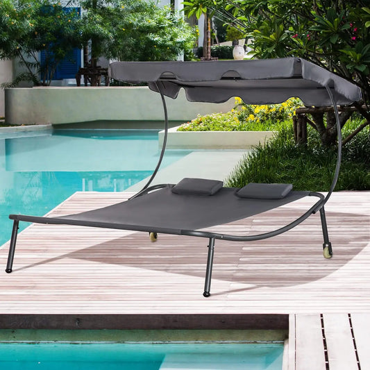 Patio Double Chaise Lounge Chair With Canopy And Pillow