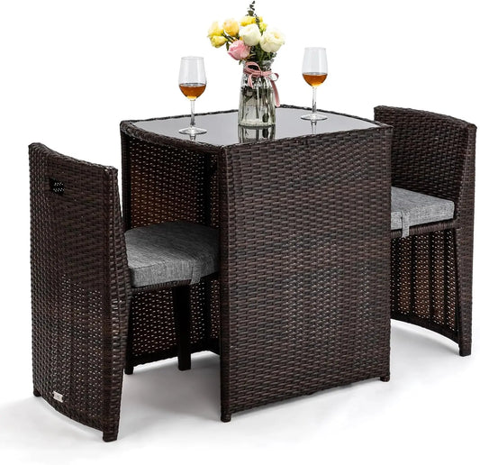 3 Piece Wicker Outdoor Patio Bistro Set With Glass Table