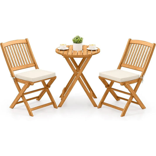 3 Piece Acacia Wood Patio Folding Bistro Set With Cushions