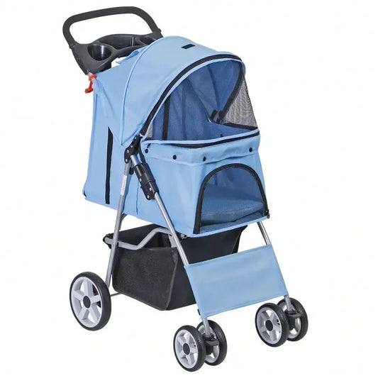 Blue 4 Wheel Pet Stroller for Cat Dog Foldable Carrier
